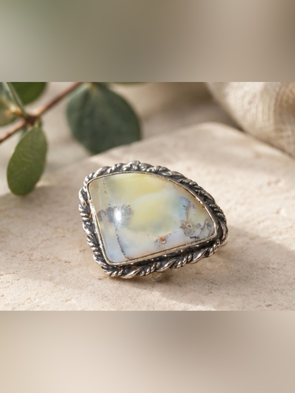 Sterling Silver Yellow-White Agate Statement Ring